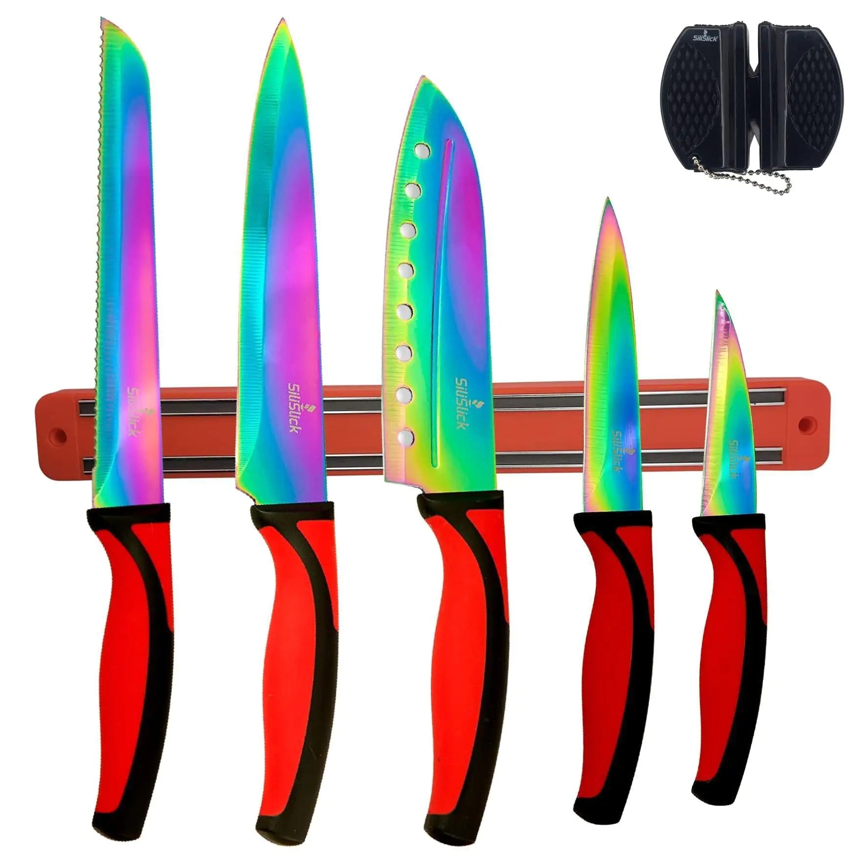 Kitchen Knife Set 5 Professional Grade Iridescent Blade Sharpener Hanger Red