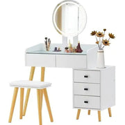 Dressing Table with LED Lights, Glass Top With 5 Drawers, Mirror and Stool Frugal Finds Galore