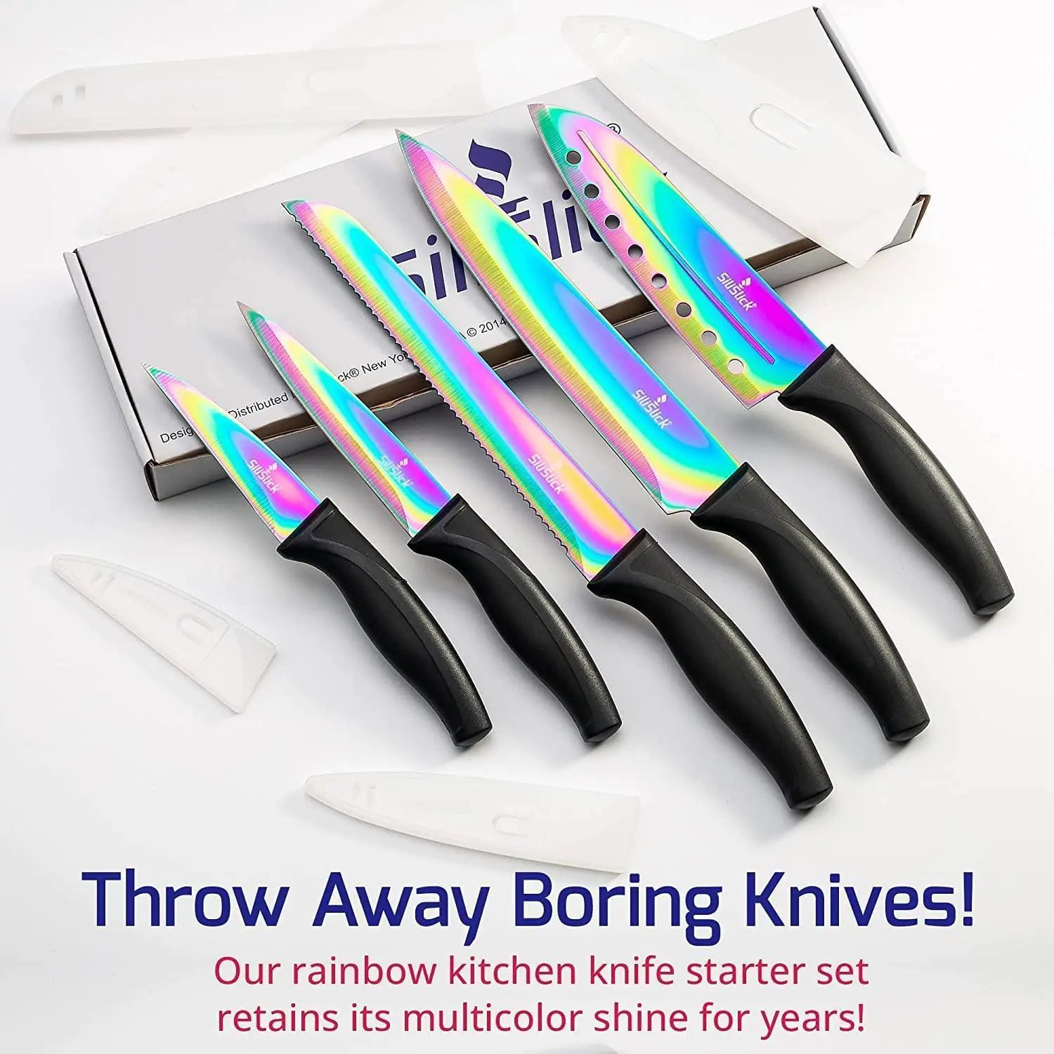 Kitchen Knife Set 5 Professional Grade Iridescent Blade Sharpener Hanger Red