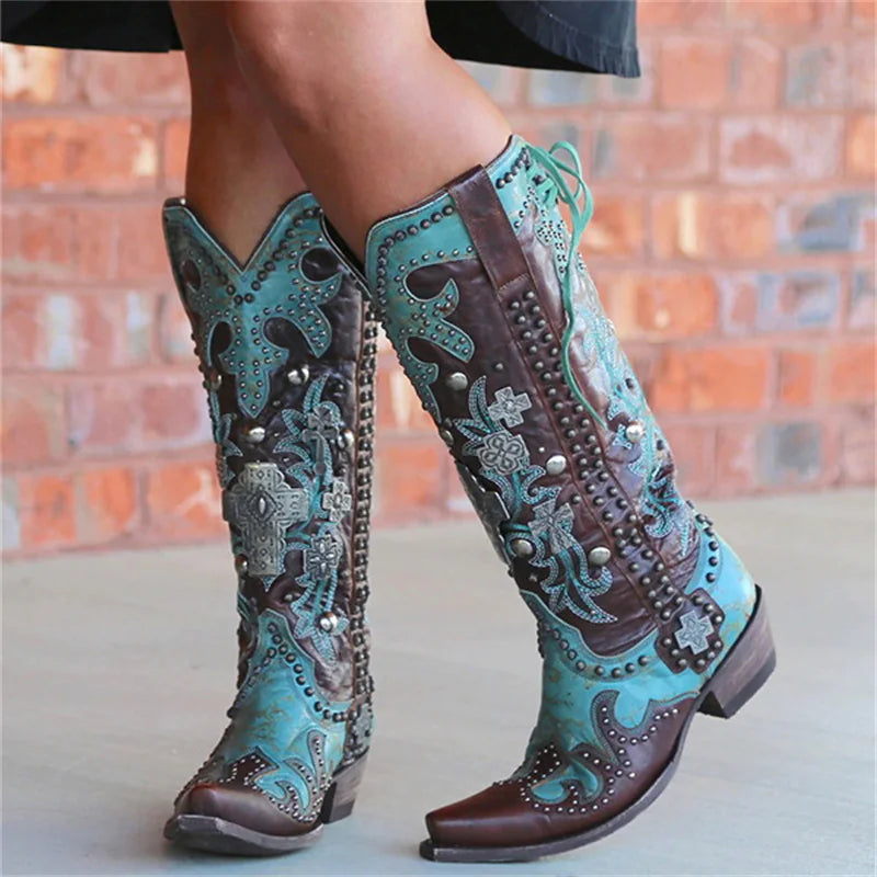 Chic Embroidered Lace-Up Mid-Calf Boots