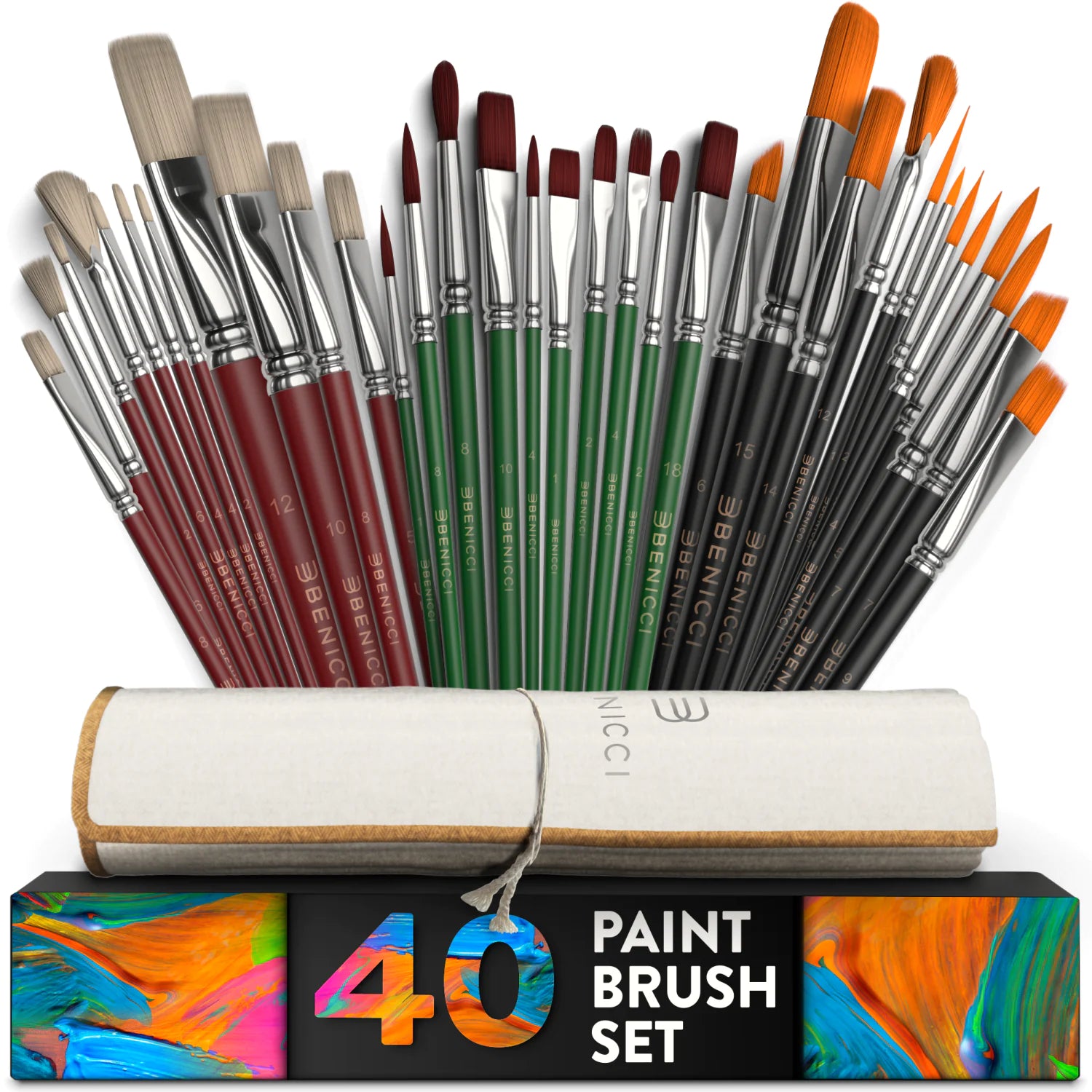 Easy Grip 40 Piece Artist Paint Brush Set with Storage Case -  Hog, Pony, and Nylon Hair Bristles