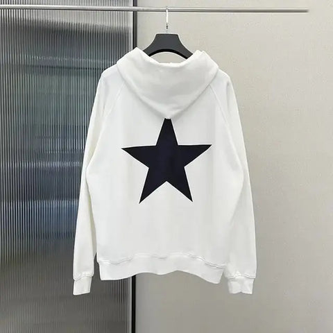 Men's white hoodie with black star print and long sleeves.