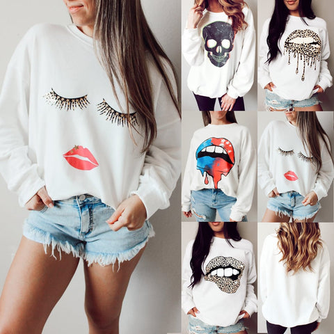 Loose Long Sleeve Sweatshirt with Lip Print Design Frugal Finds Galore