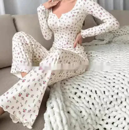 Floral Print Lace Collar Button Pajamas