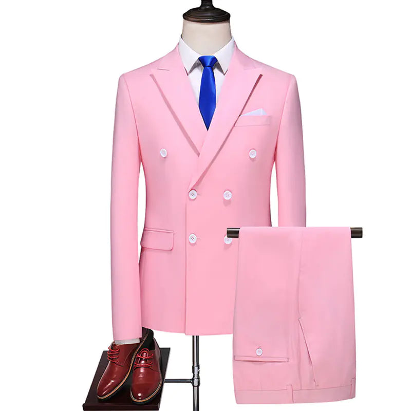 Men's Double Breasted Solid Color Coat Trousers Suit