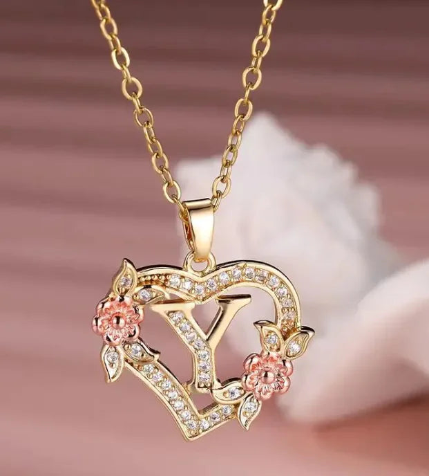 Heart Flowers Letter Necklace