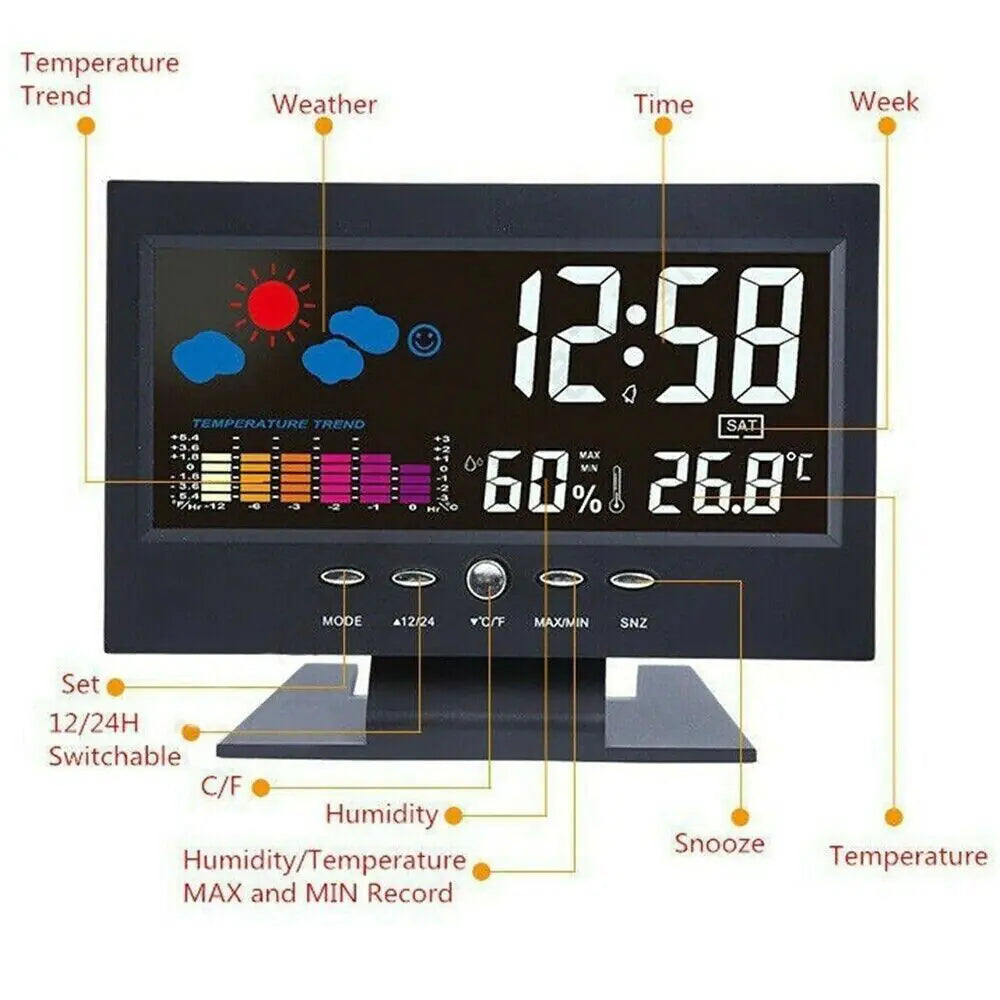 Reloj despertador digital LED con función de repetición, calendario, termómetro, higrómetro, pantalla meteorológica