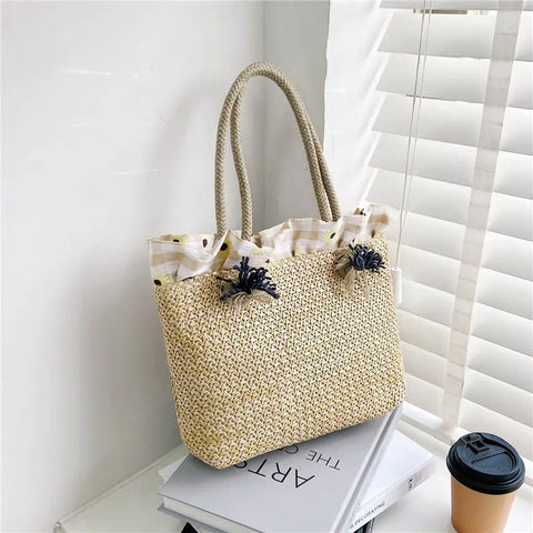Trendy Women's Woven Shoulder Bag - Large Capacity Beach Bag Frugal Finds Galore