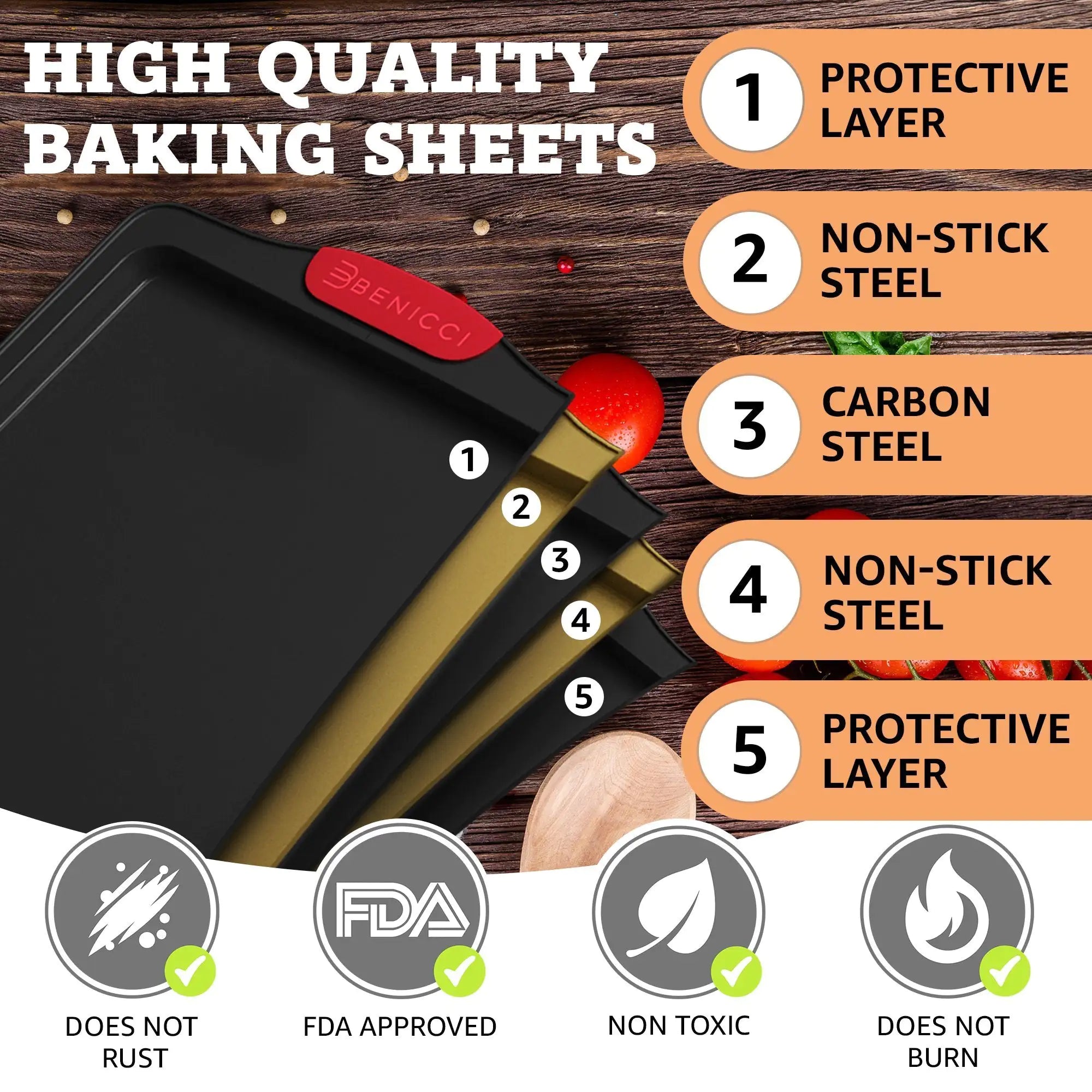 Premium Non-Stick Baking Sheets Set of 3 - w/ Silicone Handles