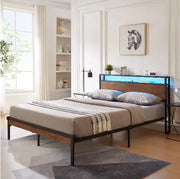 Queen Size Metal Platform Bed Frame With Wooden Headboard And Footboard With USB Frugal Finds Galore