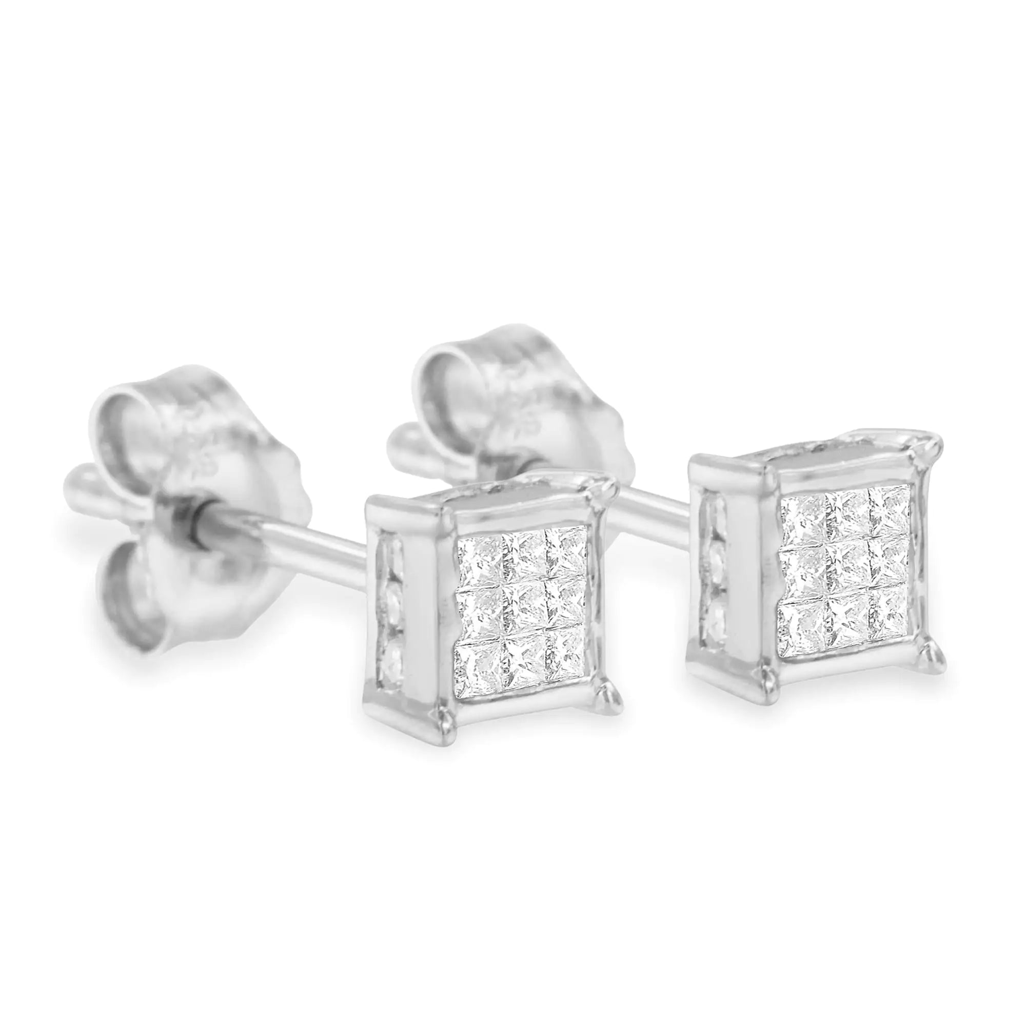 Sterling Silver Princess Cut Diamond Square Stud Earrings