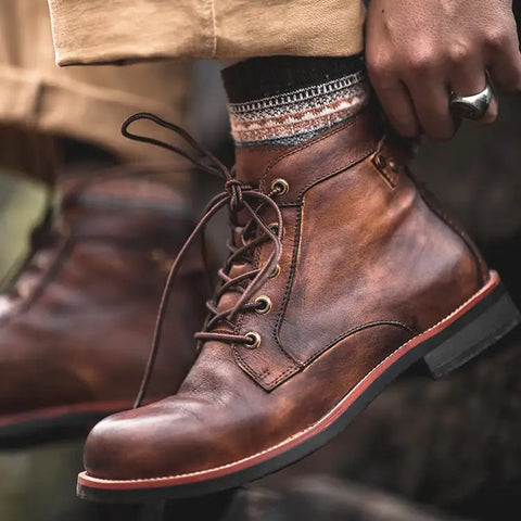 Men's Retro Lace-up Leather Ankle Motorcycle Boots Frugal Finds Galore