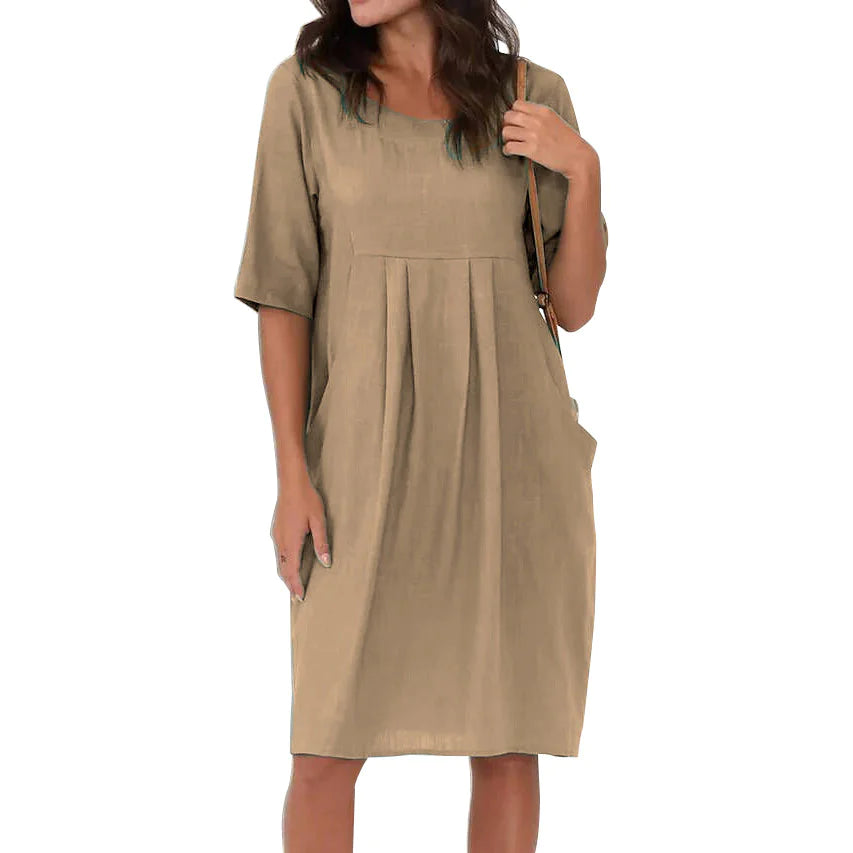 Cotton Linen Pleated Pocket Casual Loose Women's Dress