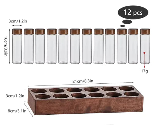 Walnut Wood Tube Set - Glass Containers with Display Rack