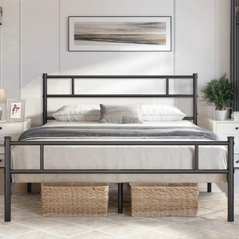 Metal Platform Bed Frame Queen Size with Headboard and Footboard 12 Under-Bed Storage & Strong Slats Support No Box Spring Needed Dark Black Frugal Finds Galore