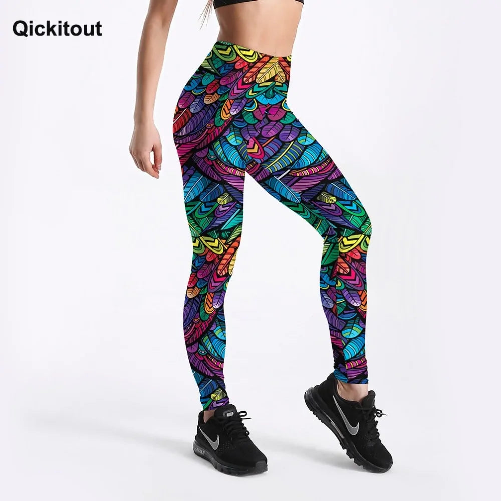 Pantalones deportivos de cintura media para mujer con estampado 3D de plumas de colores de Quickitout