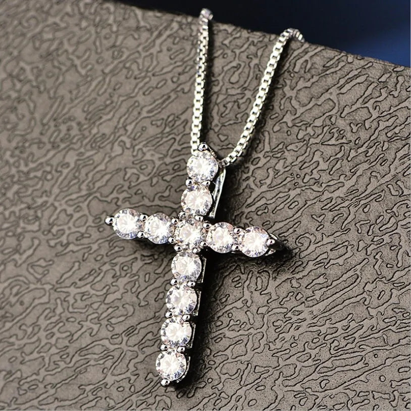 Crystal Cross Pendant Silver Chain Necklace