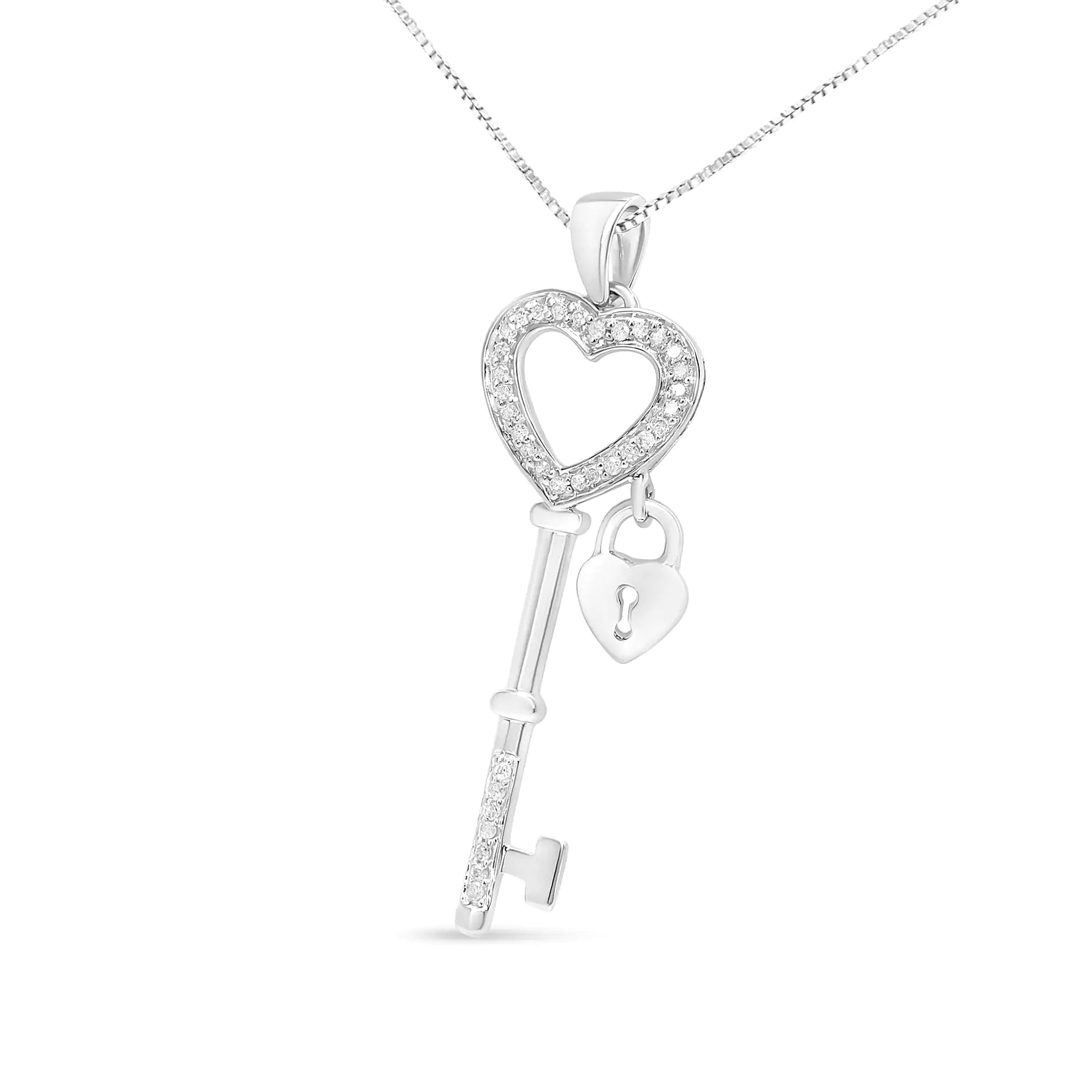 Sterling Silver 1/4 Ct Diamond Lock & Key heart 18" Pendant Necklace