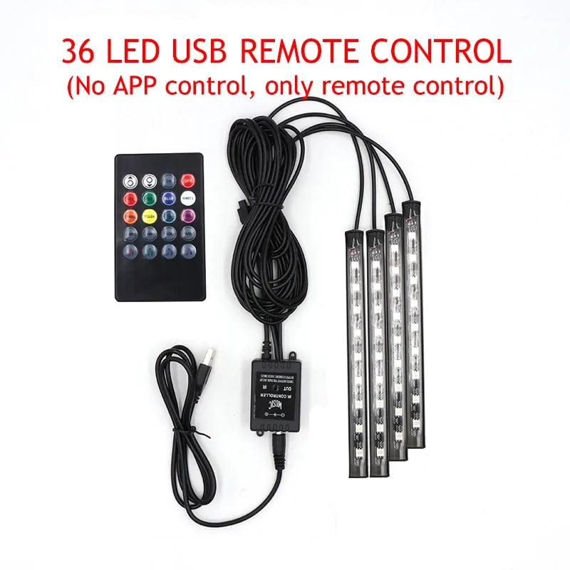 Lámpara de ambiente LED para pies de automóvil con control remoto inalámbrico