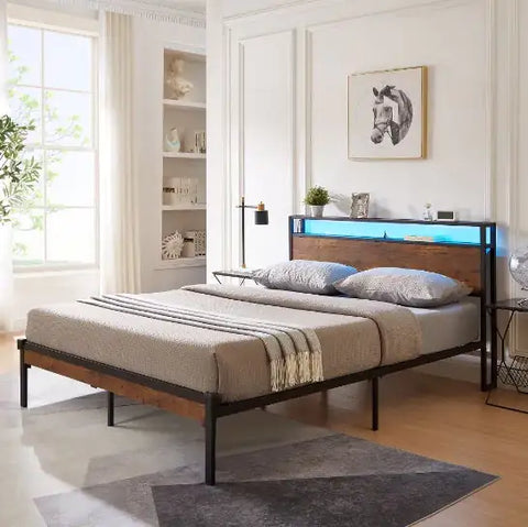 King Size Metal Platform Bed Frame With Wooden Headboard And Footboard With USB LINER Frugal Finds Galore