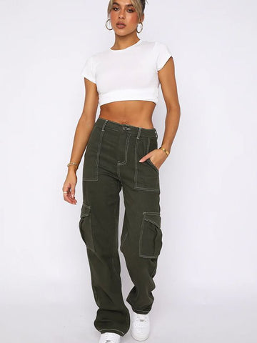 Women's Fashion Stitching Straight Multi-pocket Cargo Pants Frugal Finds Galore