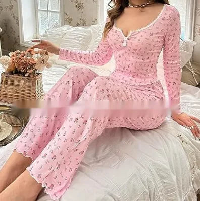 Floral Print Lace Collar Button Pajamas