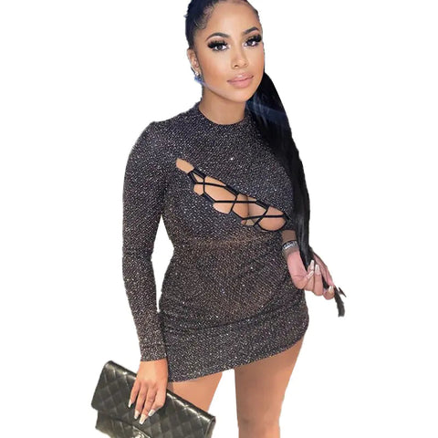 Shiny Hollow Out Bodycon Dress with Tie Detail Frugal Finds Galore