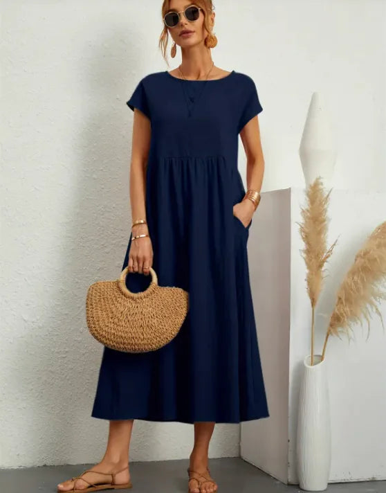 Solid Color Cotton-Linen Pocket Dress