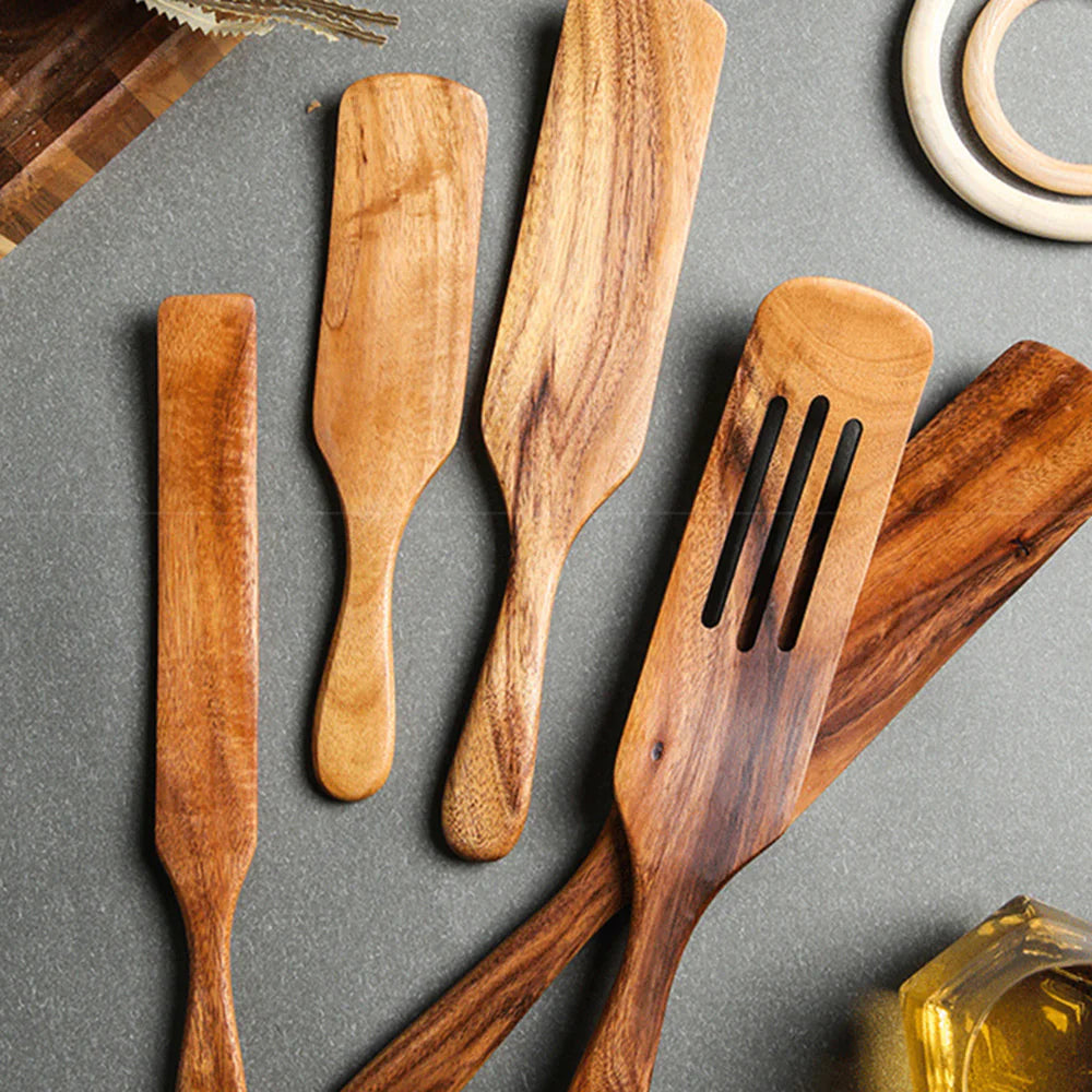 Acacia Teak Wood Long-Handled Spatula Set