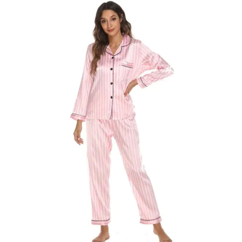 Conjunto de pijama de dos piezas para mujer, ropa de dormir de seda satinada a rayas