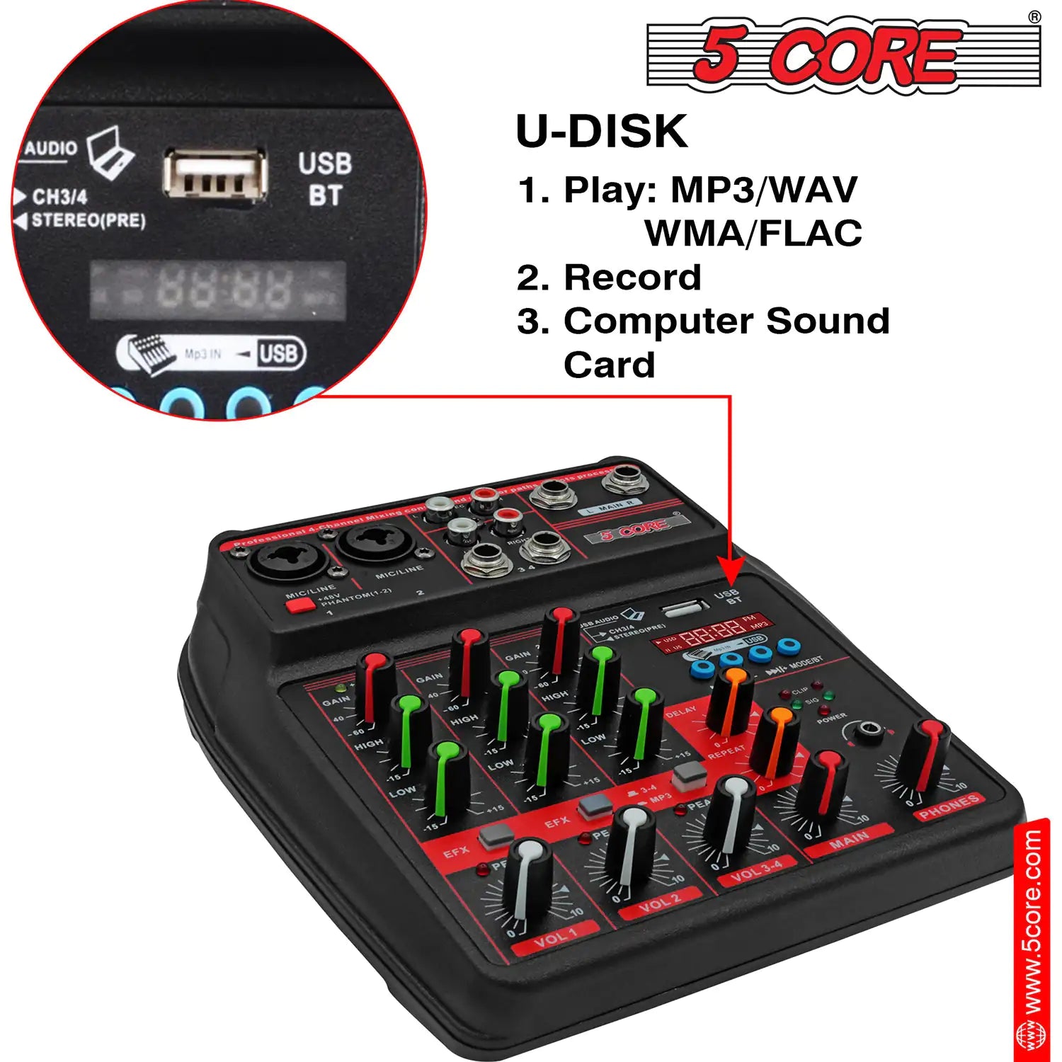 5 Core Audio Mixer 4 Channel DJ Equipment with Bluetooth USB Sound Board Console