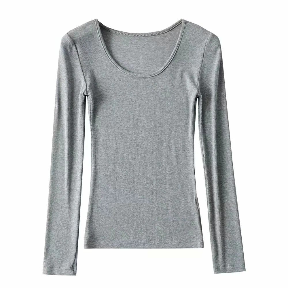 Round Neck Stretch Slim Fit Long-sleeved T-shirt Women