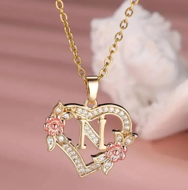 Heart Flowers Letter Necklace