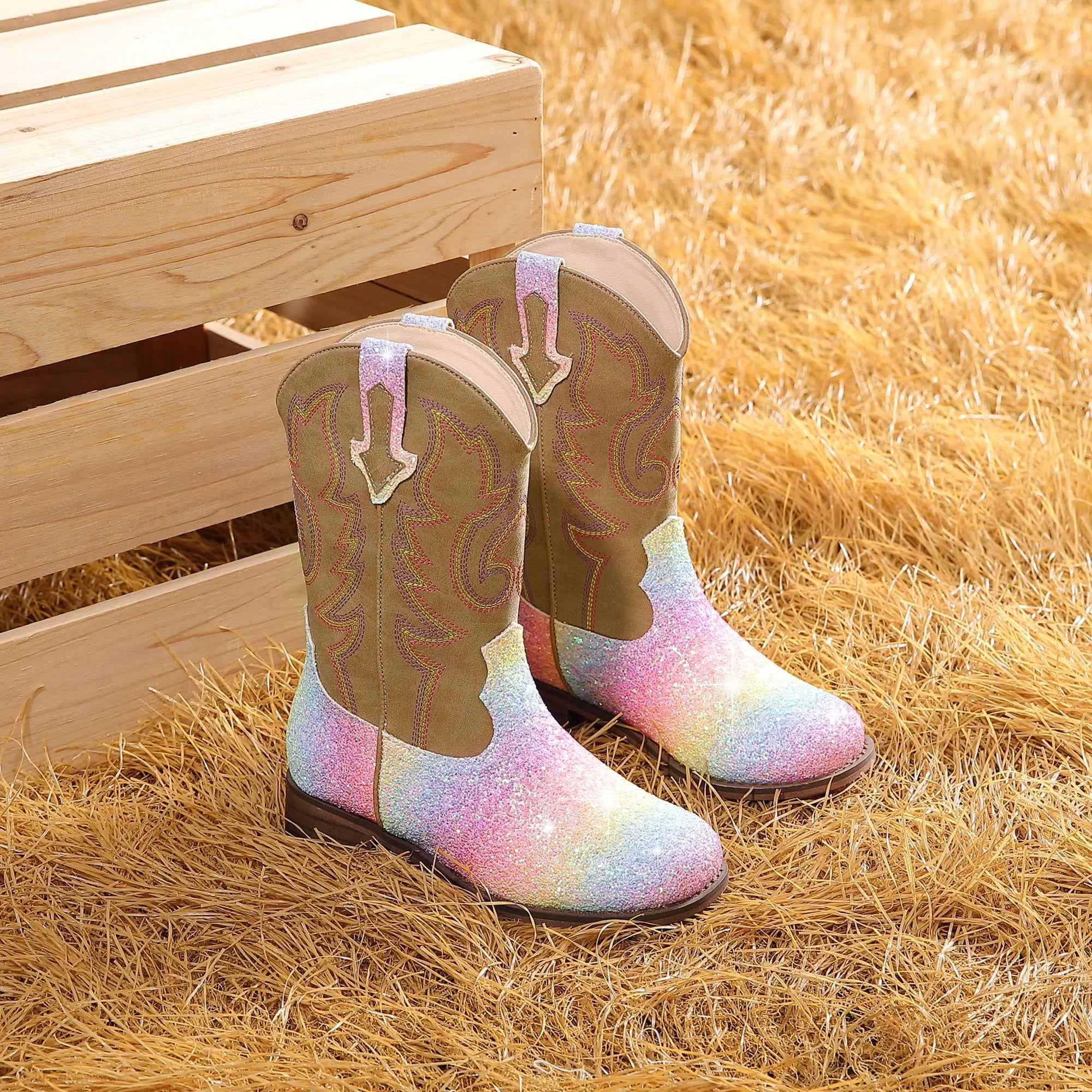 Girls Cowgirl Boots Unisex-Child Mid Calf Glitter Toddler Cowboy Boot Little Big Kids Western Riding Shoes 8 Toddler Shiny Rainbow