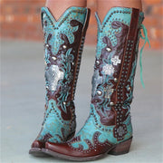 Chic blue embroidered lace-up mid-calf boots in PU leather.