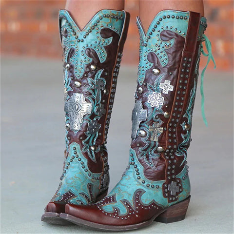 Chic blue embroidered lace-up mid-calf boots in PU leather.