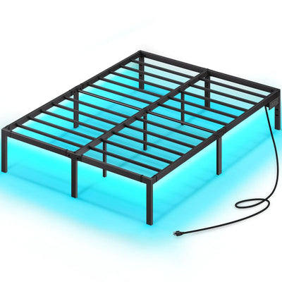 Full Bed Frame with USB Charging Station, LED Lights, Platform Bed Frame with Heavy Duty Steel Slats 14" Storage Space Beneath Bed Frugal Finds Galore