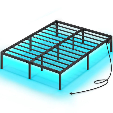 Full Bed Frame with USB Charging Station, LED Lights, Platform Bed Frame with Heavy Duty Steel Slats 14" Storage Space Beneath Bed Frugal Finds Galore