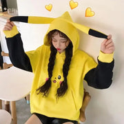 Cute Anime Pikachu Sweatshirt Hoodie with bright yellow color and Pikachu design featuring iconic red cheeks and lightning bolt tail.
