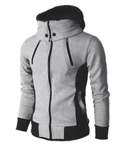 Men's double zipper hoodie jacket in grey and black, sporty and stylish design, polyester fabric.