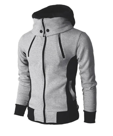 Men's double zipper hoodie jacket in grey and black, sporty and stylish design, polyester fabric.