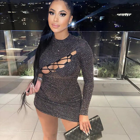Shiny Hollow Out Bodycon Dress with Tie Detail Frugal Finds Galore