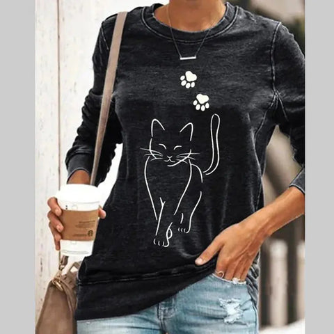Cat Print Long Sleeve Round Neck Pullover T-Shirt Frugal Finds Galore