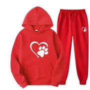 Red dog print hoodie and pants set; cozy, stylish outfit for dog lovers.