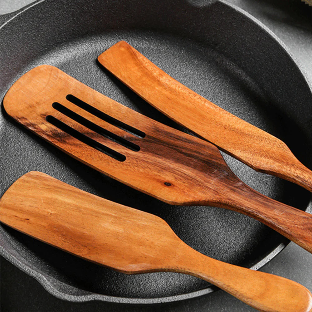 Acacia Teak Wood Long-Handled Spatula Set