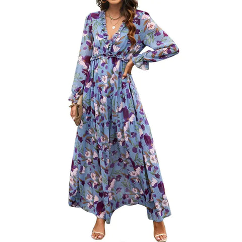 Women's V-Neck Loose Printed Long Sleeve Dress Frugal Finds Galore