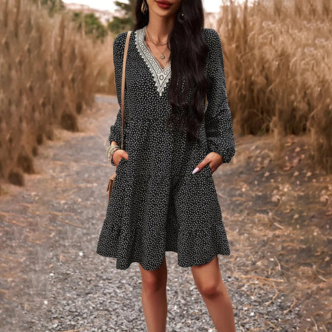Fall Women's V-neck Long Sleeve Leisure Dress Frugal Finds Galore
