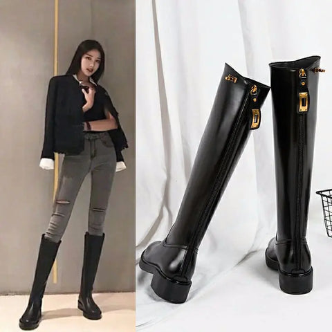 Knee-high Thick Heel Long Martin Leather Boots Frugal Finds Galore