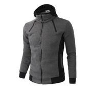 Men's double zipper hoodie jacket in gray and black, sporty and stylish design.