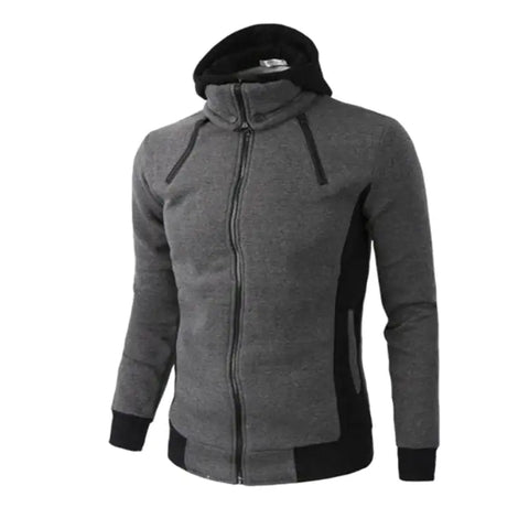 Men's double zipper hoodie jacket in gray and black, sporty and stylish design.